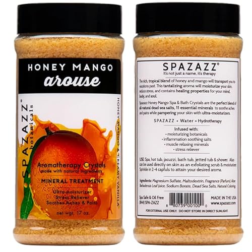 Spazazz Hot Tub Aromatherapy Bath Salt Crystals 3-Pack Bundle - Eucalyptus Mint Stimulate - Tropical Rain Revitalize - Honey Mango Arouse - Botanicals Collection Scents for Relaxing in Spas (17 oz)
