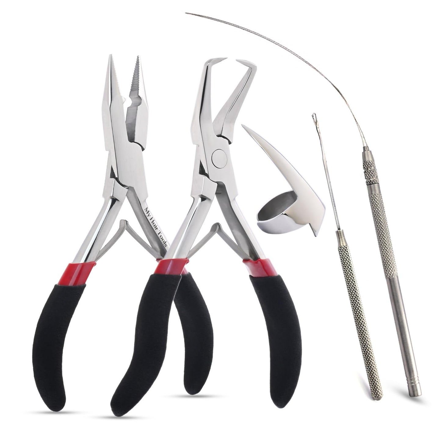 Silver Professional Hair Extension Tools Kit - Complete Set with Microbeads Crimping Plier, Micro Ring & Tape-in Remover Plier, Hair Parting Tool, Bead Loop & Needle Pulling Hook