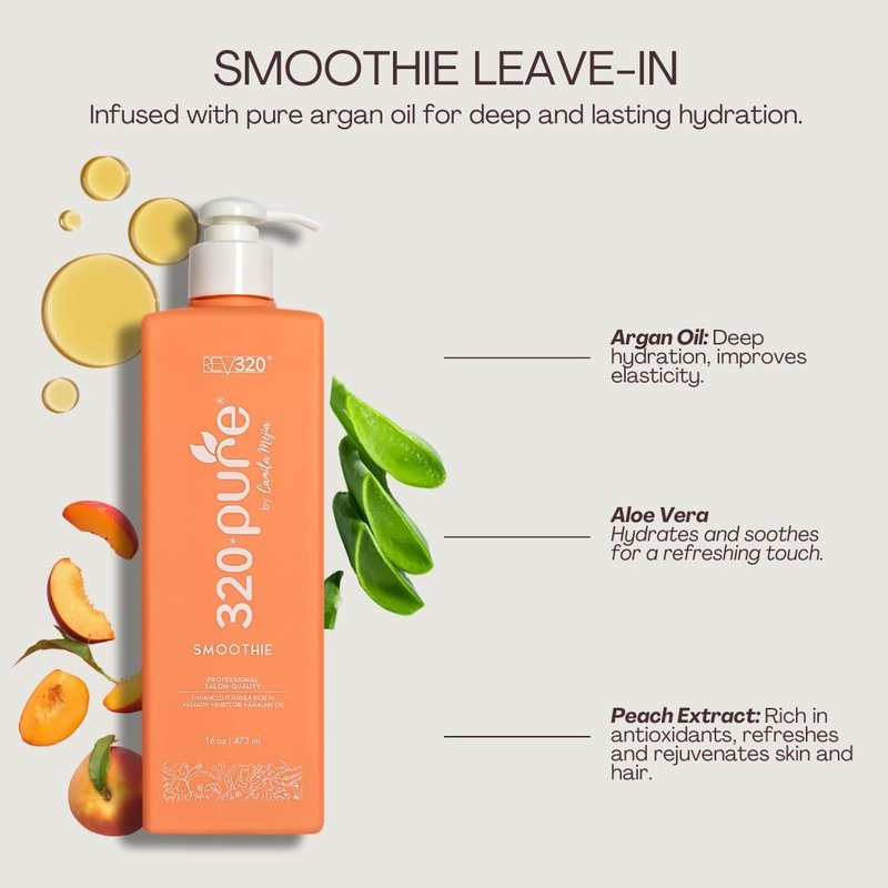 Rev320 320Pure Smoothie Leave In Conditioner 8oz, Sulfate Free, Color Safe & Lightweight Formula, Deep Repair Moisturizing Detangler for Frizzy, Curly, Thick, Wavy, Dry & Damaged Hair