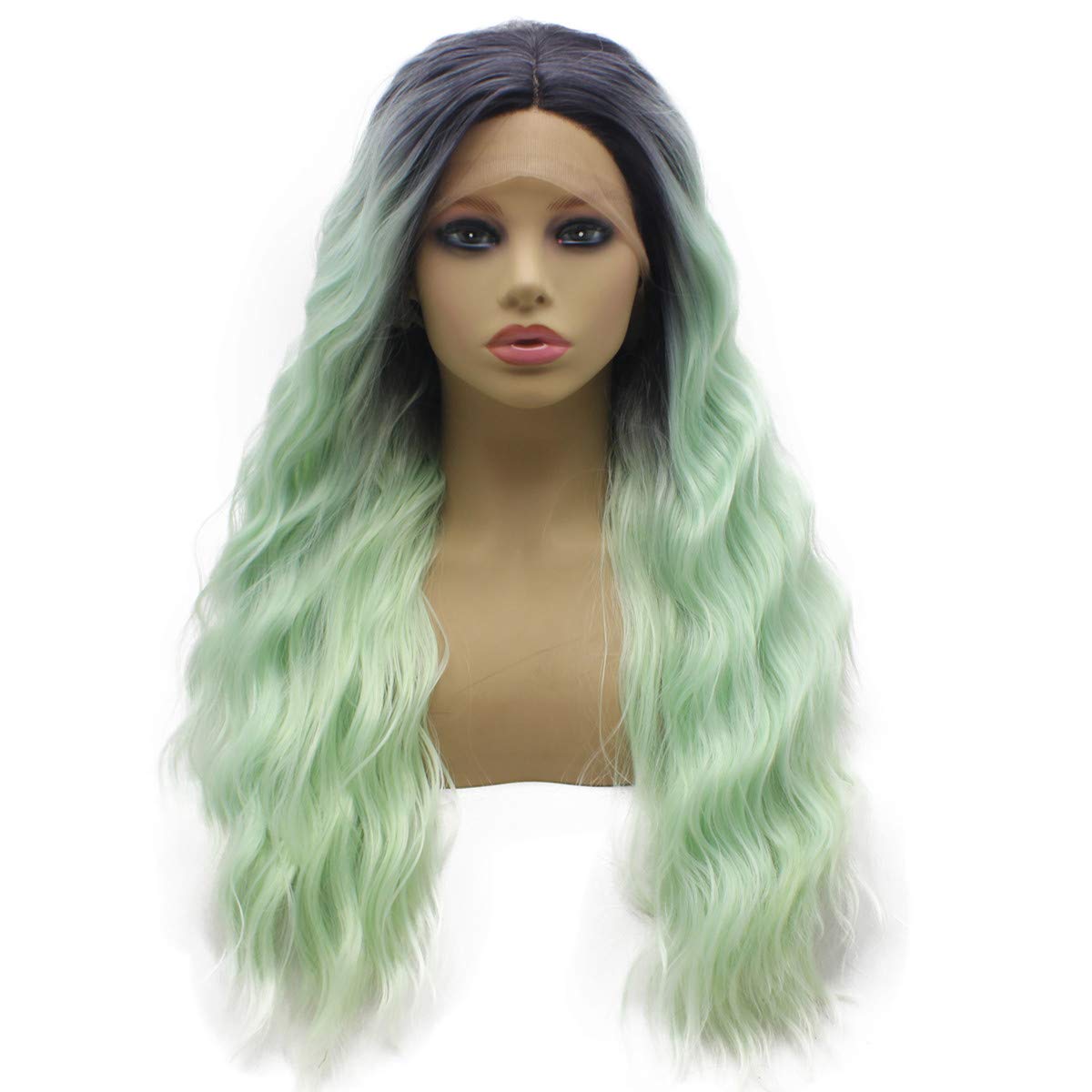 Iwona Long Wavy Ombre Mint Green Half Hand Tied Lace Front Synthetic Wig Heat Resistant