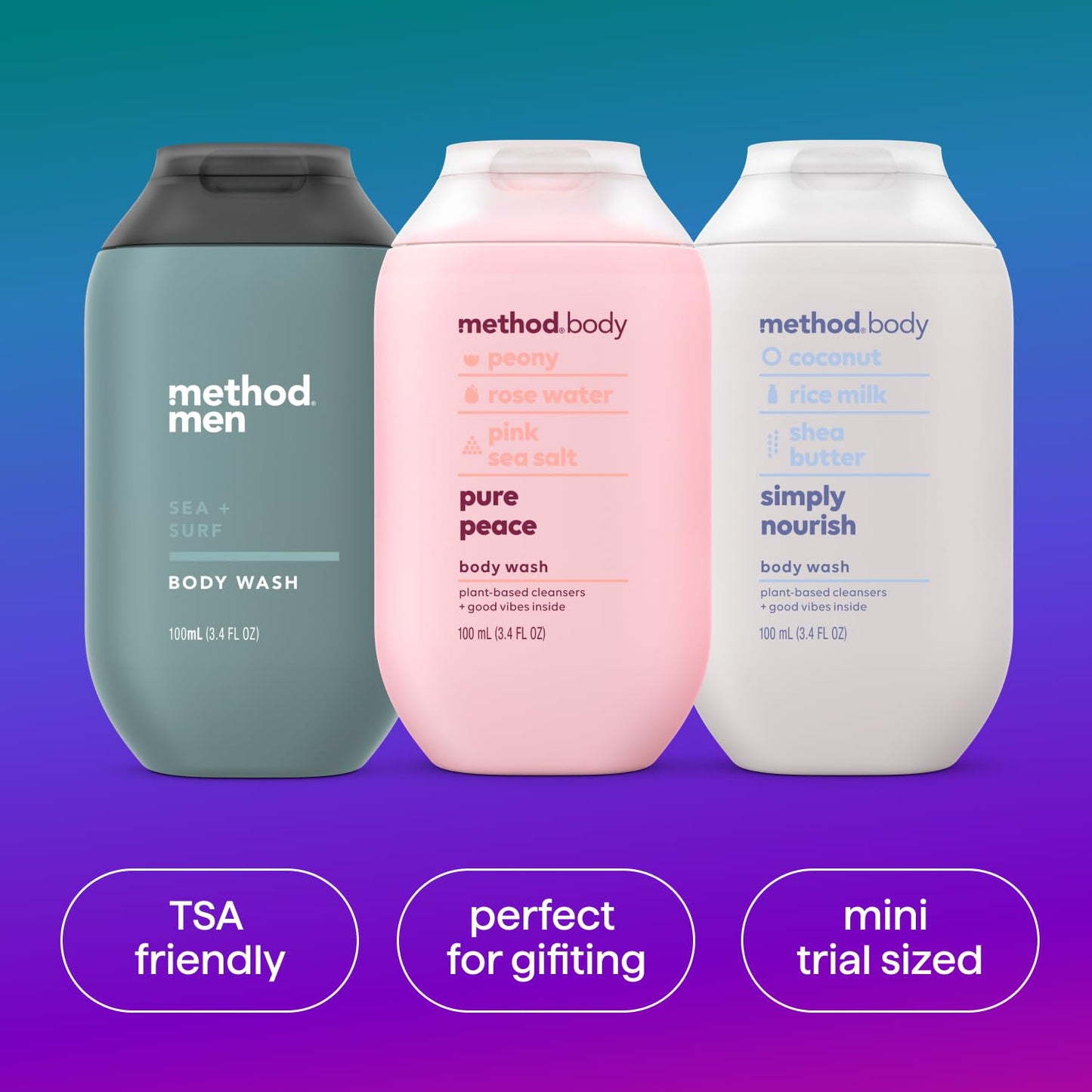 Method Body Wash Gift Set, Pure Peace, Simply Nourish and Sea + Surf, 3.4 oz Travel Size Bottles
