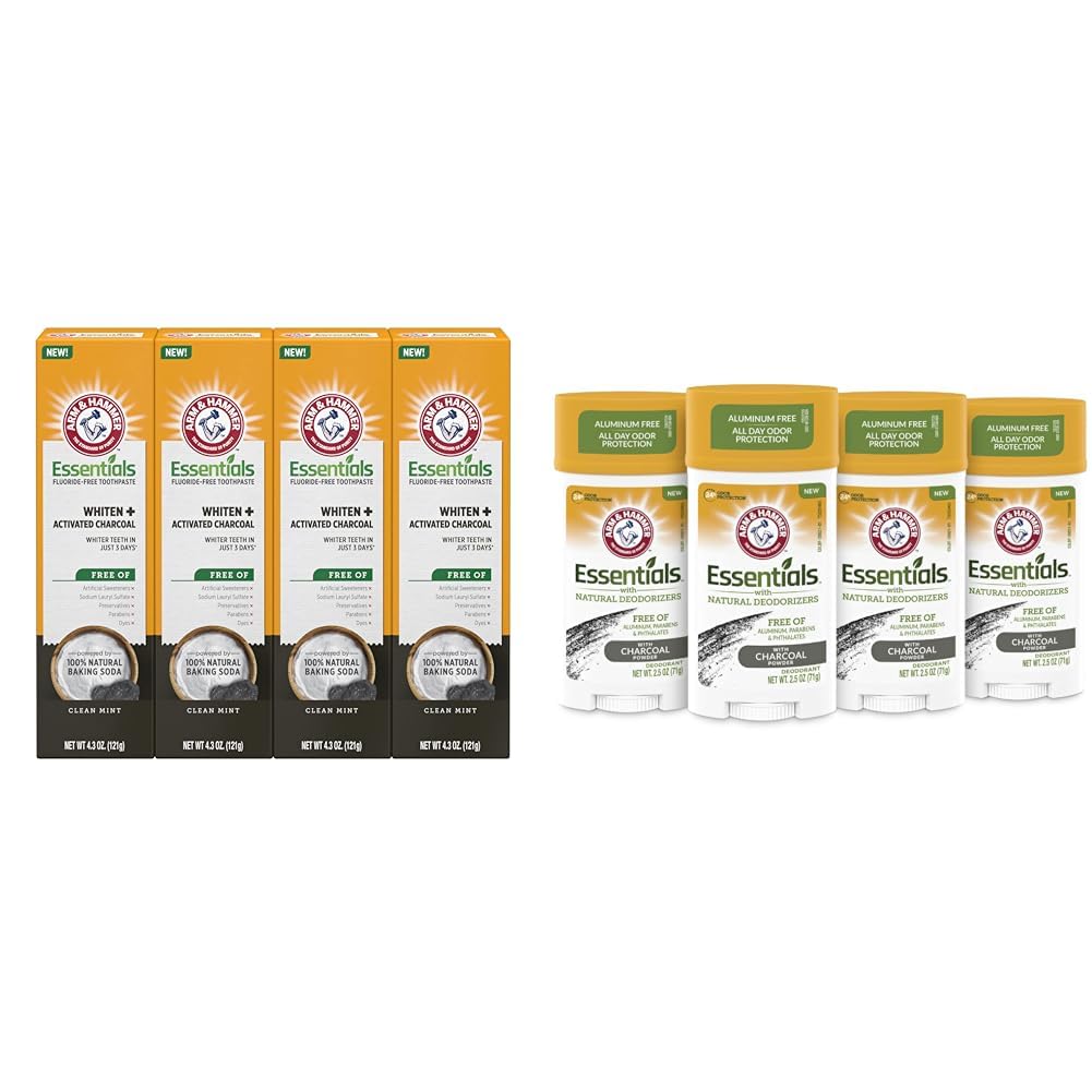 ARM & HAMMER Fluoride-Free Toothpaste with Activated Charcoal - 4 Pack of 4.3oz Mint Tubes | Natural Baking Soda Deodorant 4-Pack