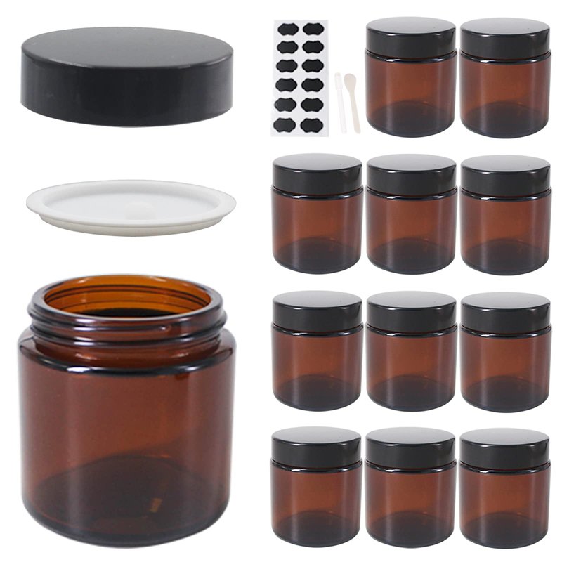 BPFY 12 Pack 4 oz Round Amber Glass Cosmetic Jars with Inner Liners, Black Lids, Spatula, Chalk Labels, Pen, Candle Holder, Refillable Containers for Makeup, Cream, Sugar Scrubs, Bath Salts