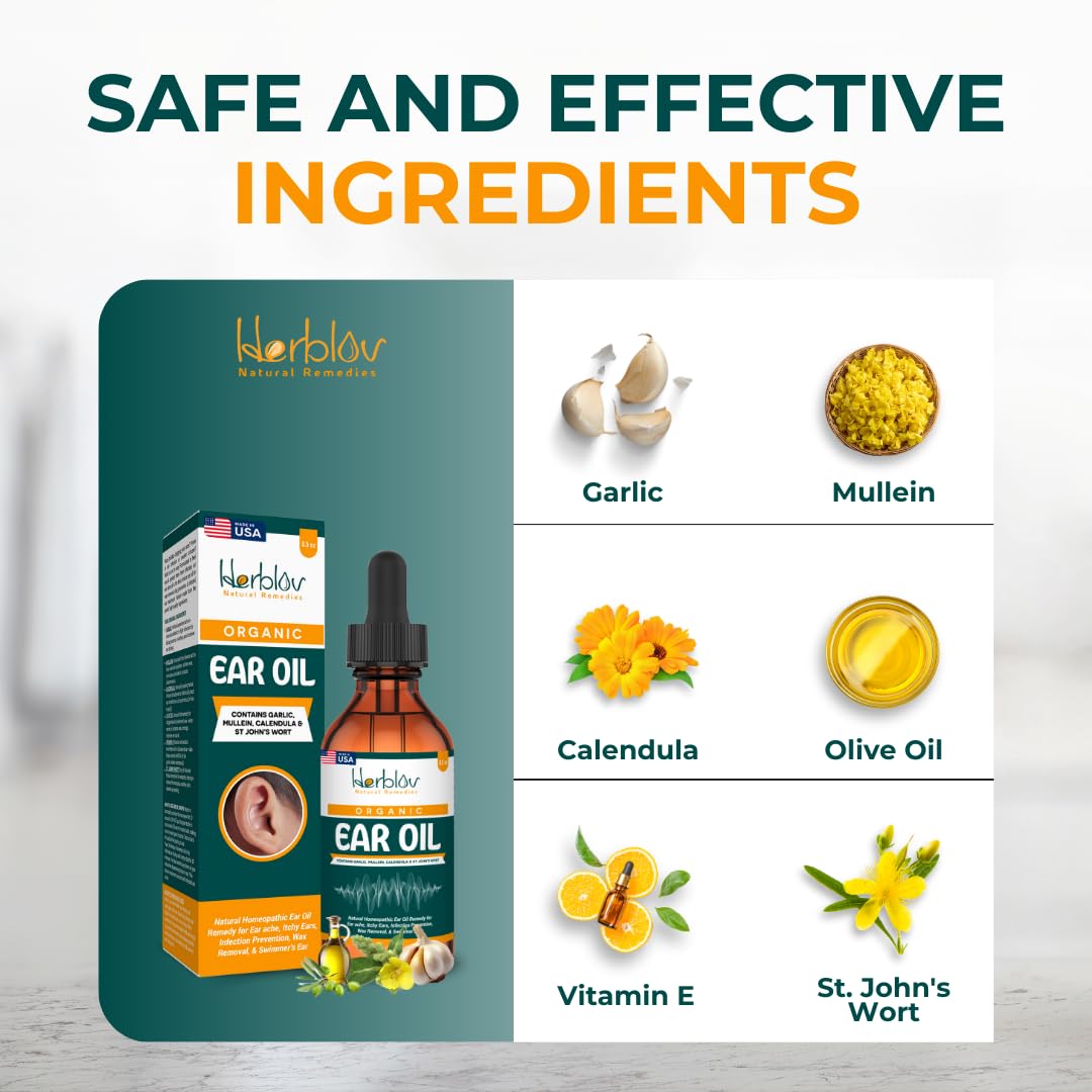 Organic Ear Oil for Ear Infections - Natural Eardrops for Infection Prevention, Swimmer's Ear & Wax Removal - Kids, Adults, Baby, Dog Earache Remedy - with Mullein, Garlic, Calendula, Made in USA