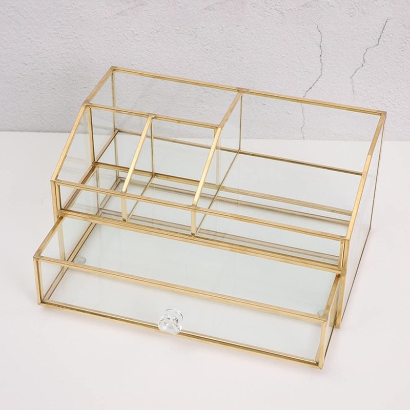 bofeiull Glass Makeup Brush Holder, Makeup Brush Organizer Jewelry Display Box, Nordic Style Elegant Glass Makeup Organizer Nail Polish Lipsticks Eyeliners Holder for Vanity Bathroom Bedroom Office