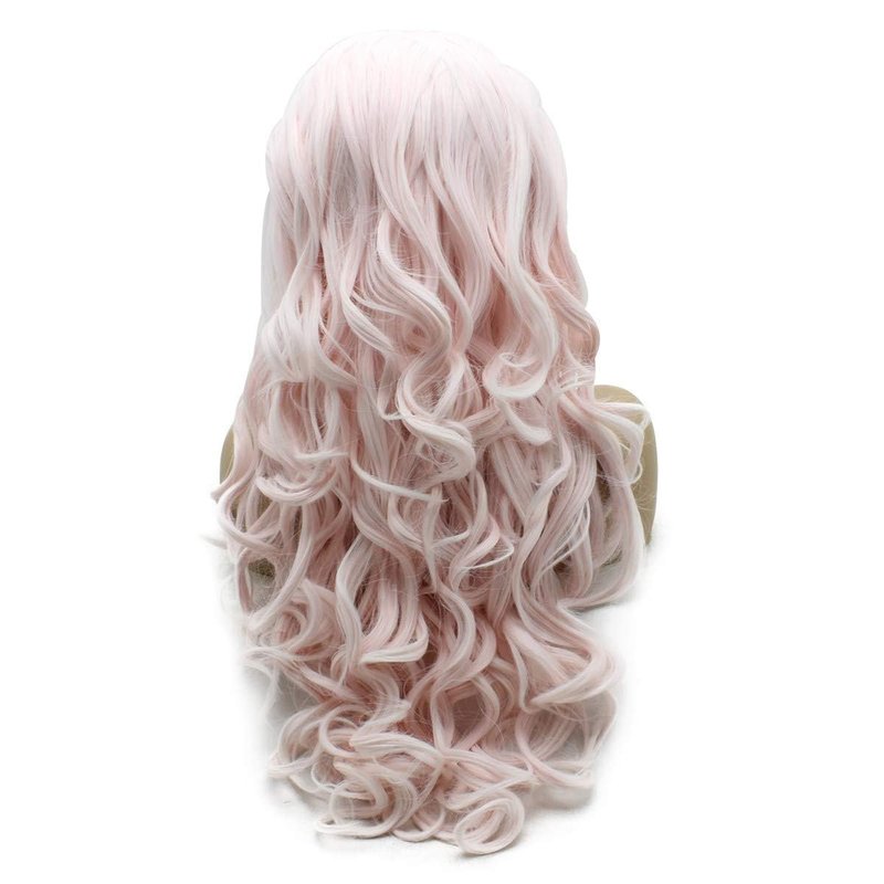iwonawig Long Wavy Lace Wigs White Pink Half Hand Tied Synthetic Lace Front Halloween Heat Resistant Wig