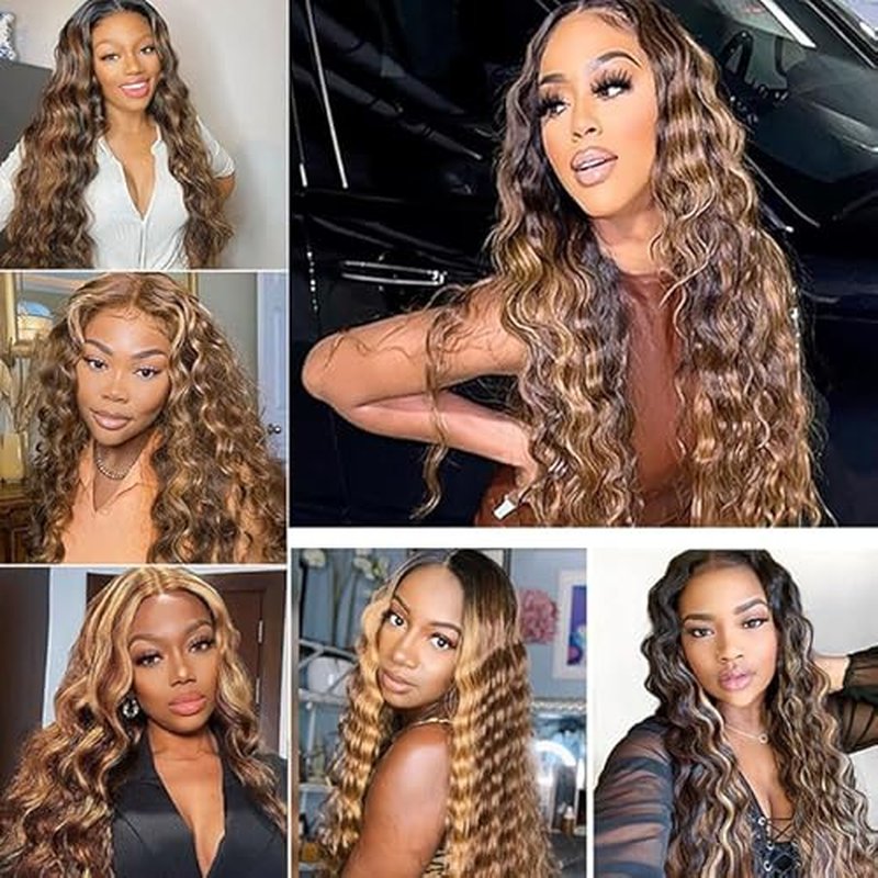 P4/27 Blonde Bundles Human Hair Deep Wave Bundles 34 34 34 Inch Unprocessed Brazilian Virgin Hair Highlight Brown Deep Wave 3 Bundle Human Hair Extensions 50 Gram Per Bundle