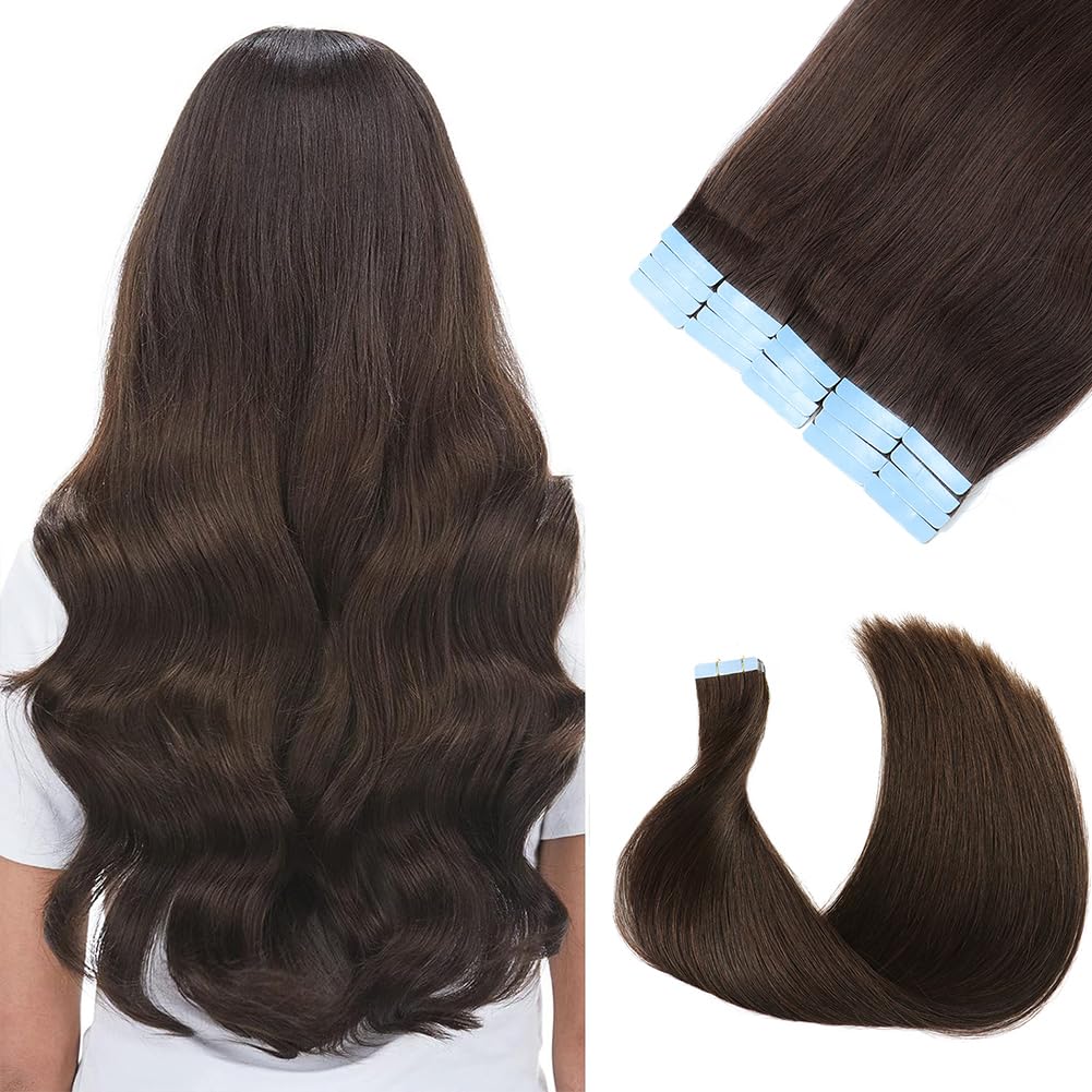 Hair Extensions Tape in Dark Brown Remy Human Hair 20pcs 50g/pack Silky Straight Seamless Skin Weft Glue in Hair Extensions 18 inches