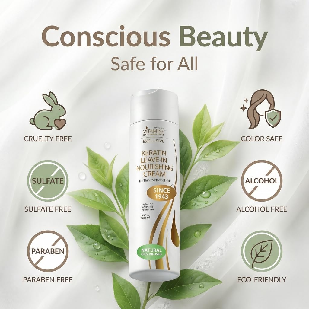 VITAMINS hair cosmetics Keratin Leave In Conditioner for Thin Hair - Lightweight Moisturizer & Hydrating Detangler Cream for Dry Damaged Hair - Frizz Control & Sulfate Free - 8.5 Fl Oz