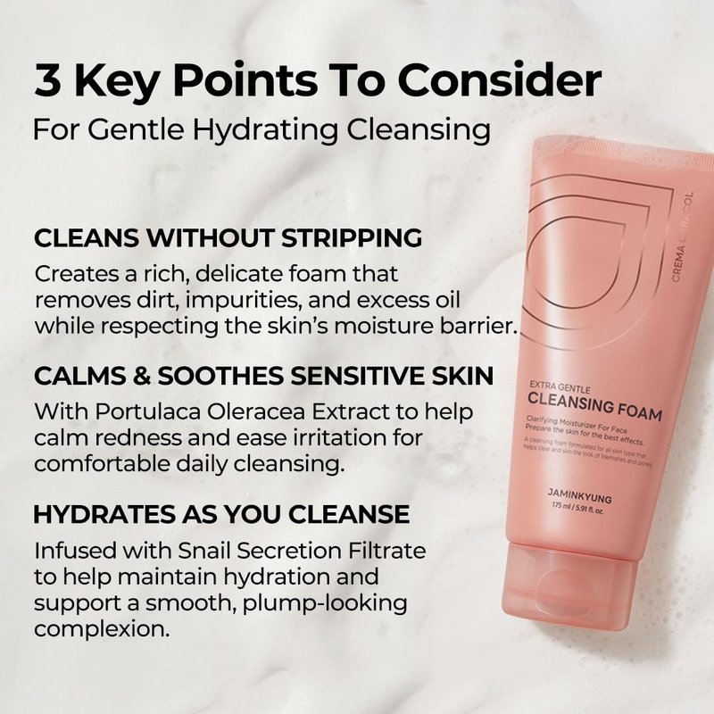 Jaminkyung Extra Gentle Cleansing Foam, Face Wash with Snail Mucin & Soothing Portulaca, Hydrating Facial Cleanser for Sensitive Skin, Non-Stripping, Korean Skincare 5.9 fl oz (175ml)