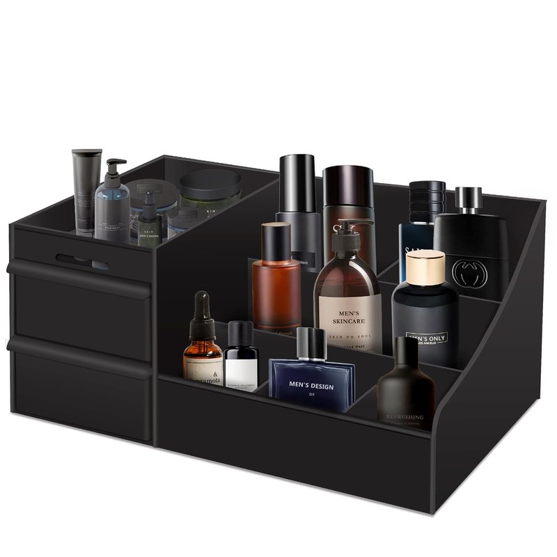 Decorcode Black Vanity Organizer with Drawers – Large Mens Countertop Storage Box for Cologne, Skincare, Makeup, Perfume – Waterproof Dresser Organizer for Bathroom, Bedroom, Desk
