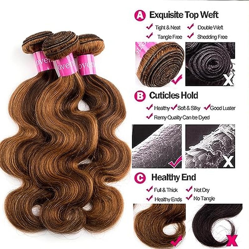 Highlight Body Wave Human Hair Bundles Brazilian Body Wave 3 Bundles 12+14+16 inch 10a 100% Brazilian Virgin Human Hair Bundles Piano Color 4/27 (12 14 16, P4/27)