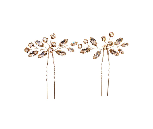 Faship Champagne Rhinestone Crystal Floral Hair Pins Accessories 2 Pcs