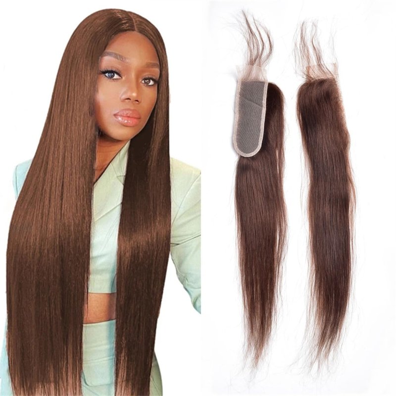 Brazilian Chocolate Brown 4# Straight 2x6 Lace Closure 100% Unprocessed Human Virgin Hair Silk Straight Lace Closure Color 4 Chestnut Brown Pre-Plucked Hairline (#4 straight 2x6 closure, 14inch)