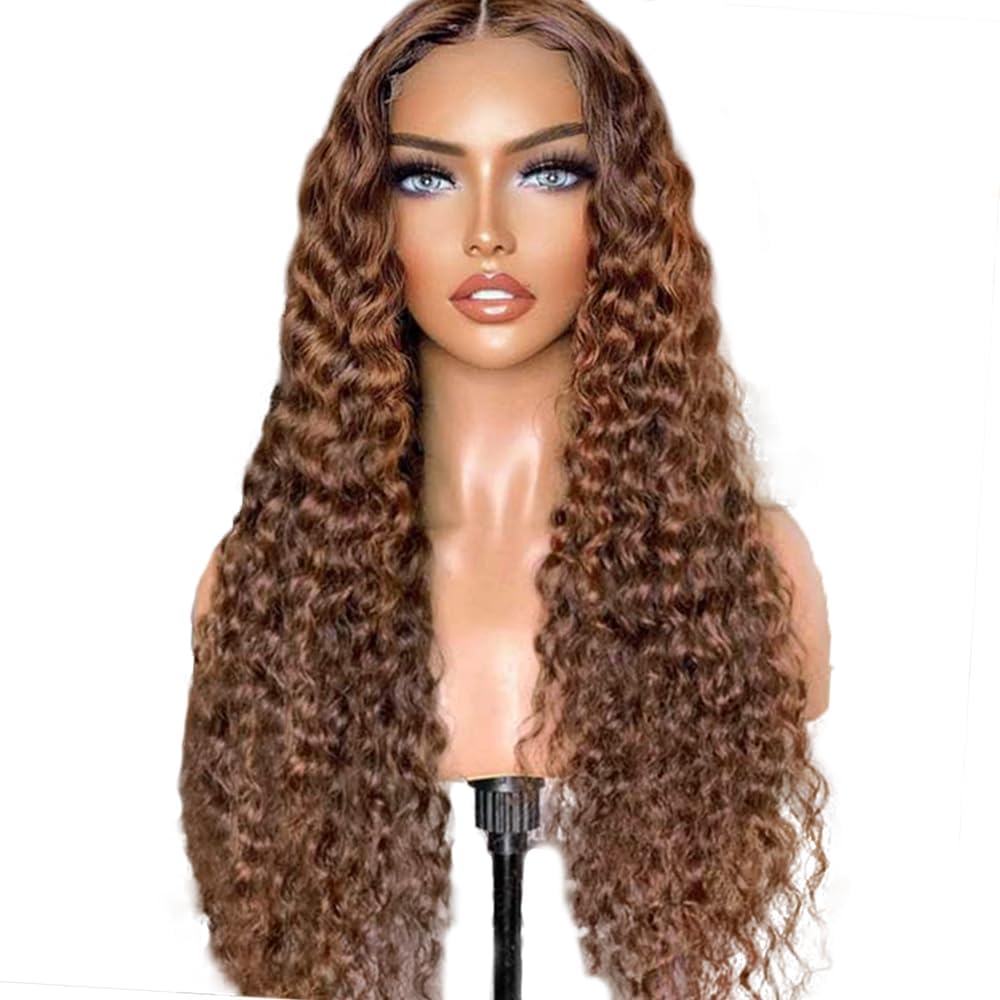 Labamiya Highlight Deep Wave Human Hair Wig 4x1 T Closure Glueless Wigs Human Hair Pre Plucked Pre Cut Lace Closure Glueless Wigs Elastic Band 200% Density P4/30 Honey Blonde Color