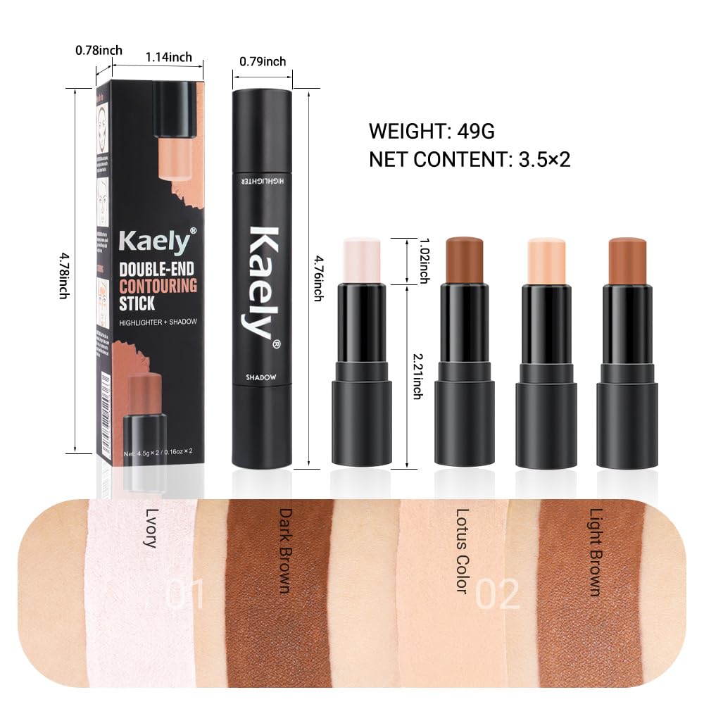 Kaely 4 Color Highlighter Contour Stick,Cream Contour Palette Kit for Beginners,Bronzer Contouring Sticks,contorno maquillaje para mujer en oferta,Concealer Stick Primer Face Makeup Brightener,01+02