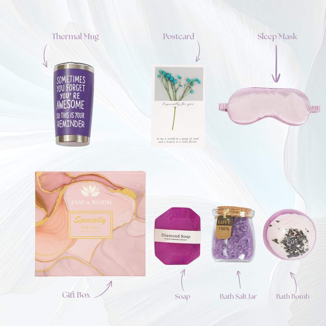 Spa Gift Set for Women, 6-Piece Marble Collection with Bath Bomb, Bath Salt, Diamond Soap, Thermal Mug and Gift Card