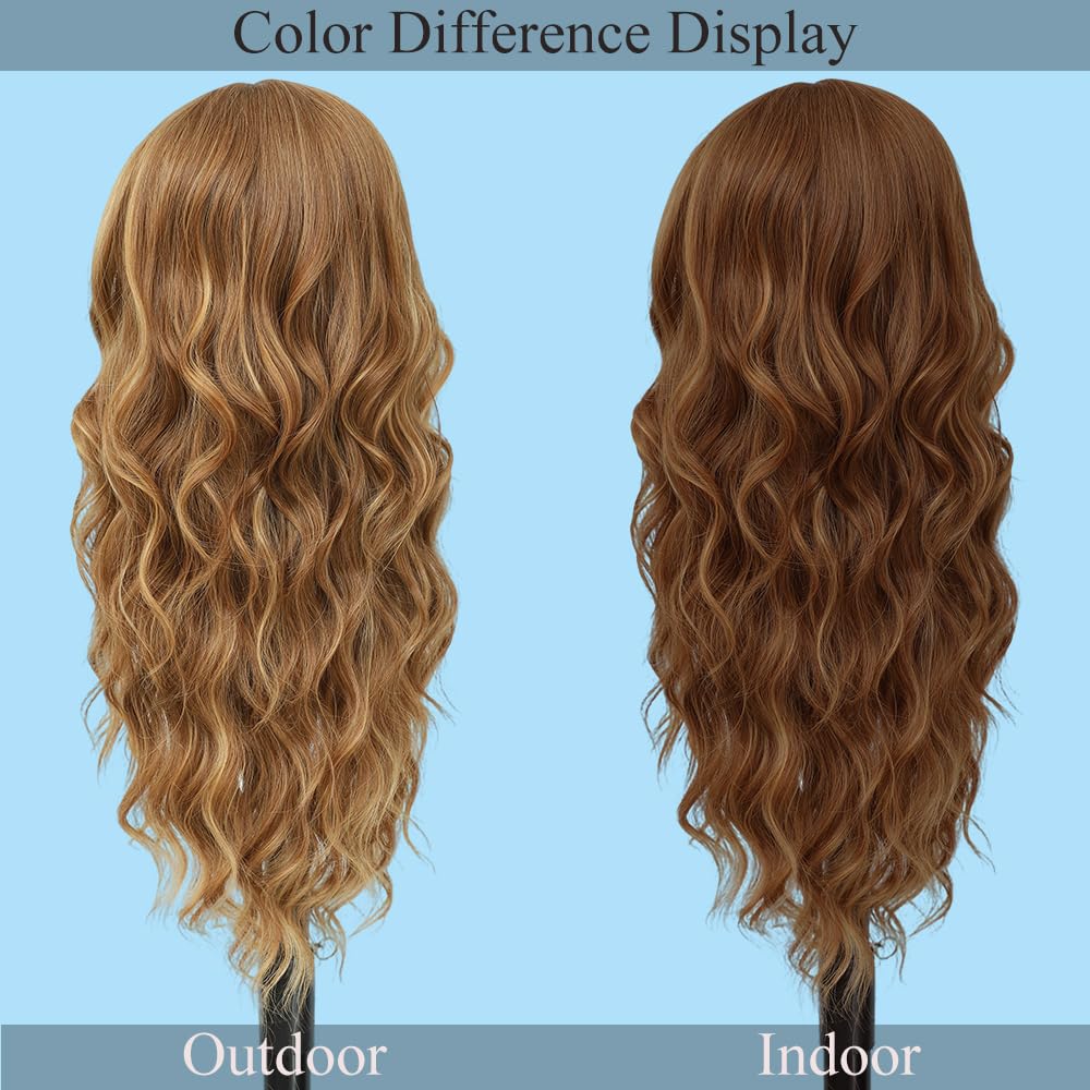 HMHIFI Long Brown Mixed Blonde Wigs for Women Highlights Blonde Wig Natural Middle Part Synthetic Curly Hair Heat Resistant Fiber Hair Replacement Wigs for Daily Party