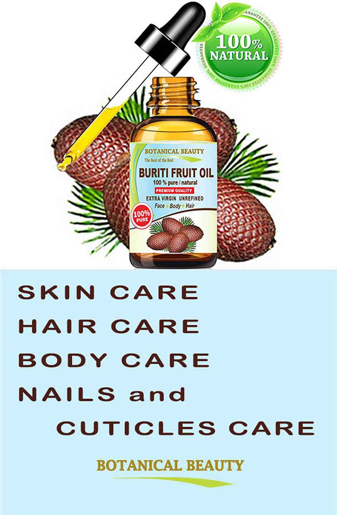 Botanical Beauty Brazilian BURITI FRUIT OIL 100% Pure Natural Virgin Unrefined Cold Pressed Carrier Oil Undiluted for Face, Body, Hair, Lip, Nails (1 Fl Oz)