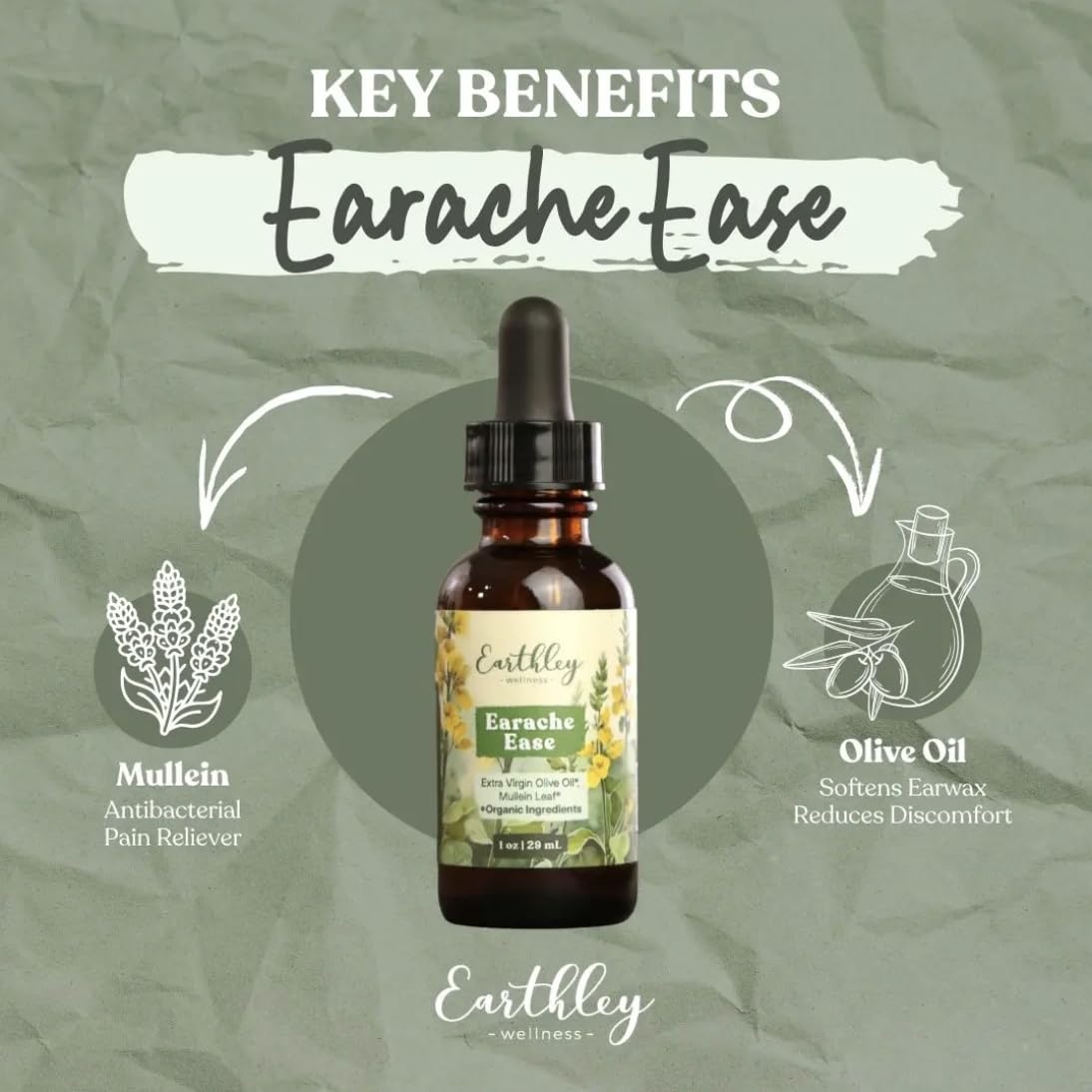 Earthley Wellness Earache Ease, Organic Herbal Ear Comfort Drops with Mullein Leaf & Olive Oil, Safe for Babies, Kids & Adults, Clean Formula, Packaging May Vary (1 oz)