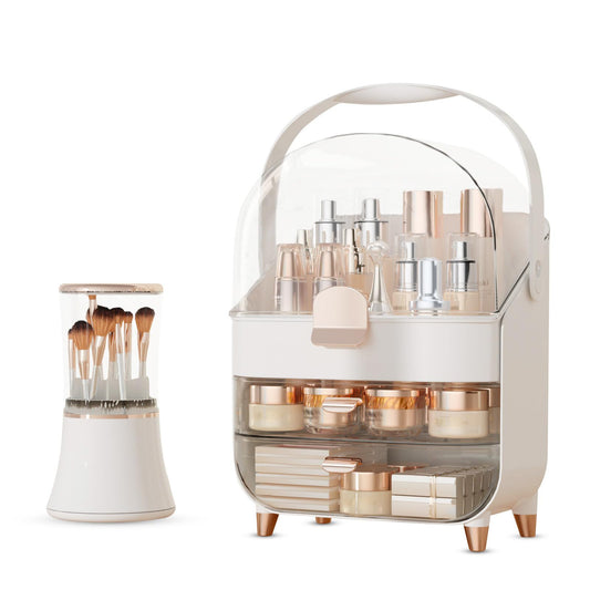 CLBDRESS Makeup Organizer Countertop & Makeup Brush Holder with Lid 360 Rotating Clear Dustproof Skincare Holder for Vanity Bathroom Countertop, Ideal Gifts for Women, Transparent, Silver