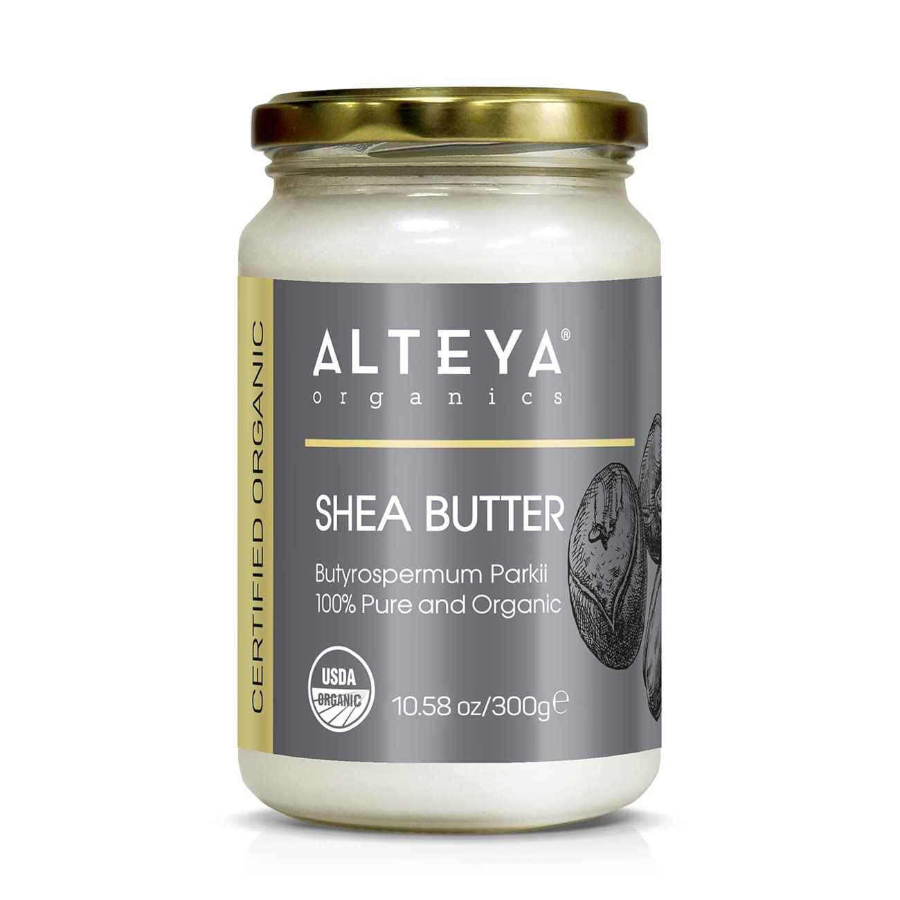 Alteya Organics Pure Shea Butter 10.58fl oz/300g Glass Jar- 100% USDA Certified Organic Pure Shea Butter (Butyrospermum Parkii)