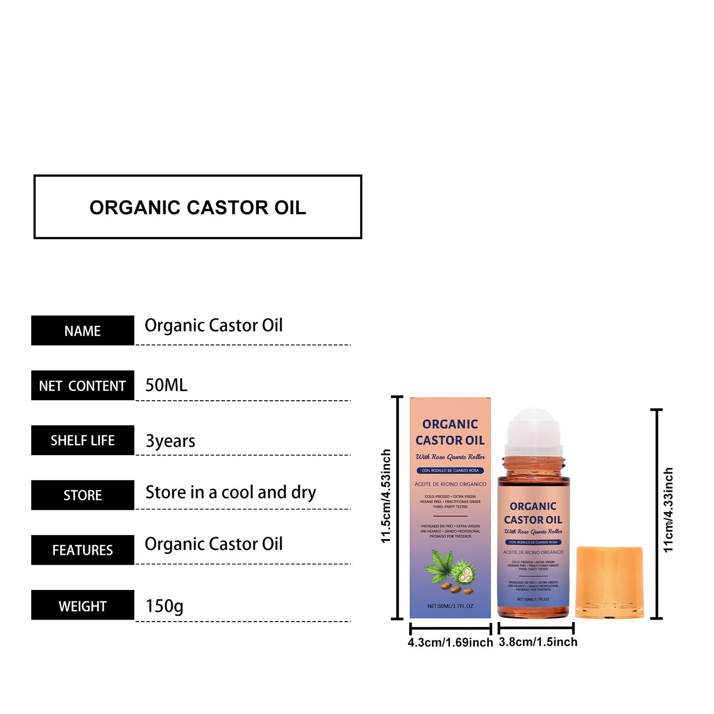 Organic Castor Oil with Rose Quartz Roller, Castor Oil Roll-On with Rose Quartz for Skin, Brows & Lashes, 1.7 fl oz, 100% Pure Cold-Pressed, Hexane-Free (1 pcs)