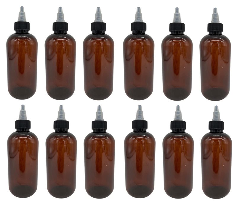 Natural Farms 8 oz Amber Boston Plastic Bottles - 12 Pack Empty Bottle Refillable - BPA Free - Essential Oils - Aromatherapy | Black/Natural Twist Top Cap - Made in the USA