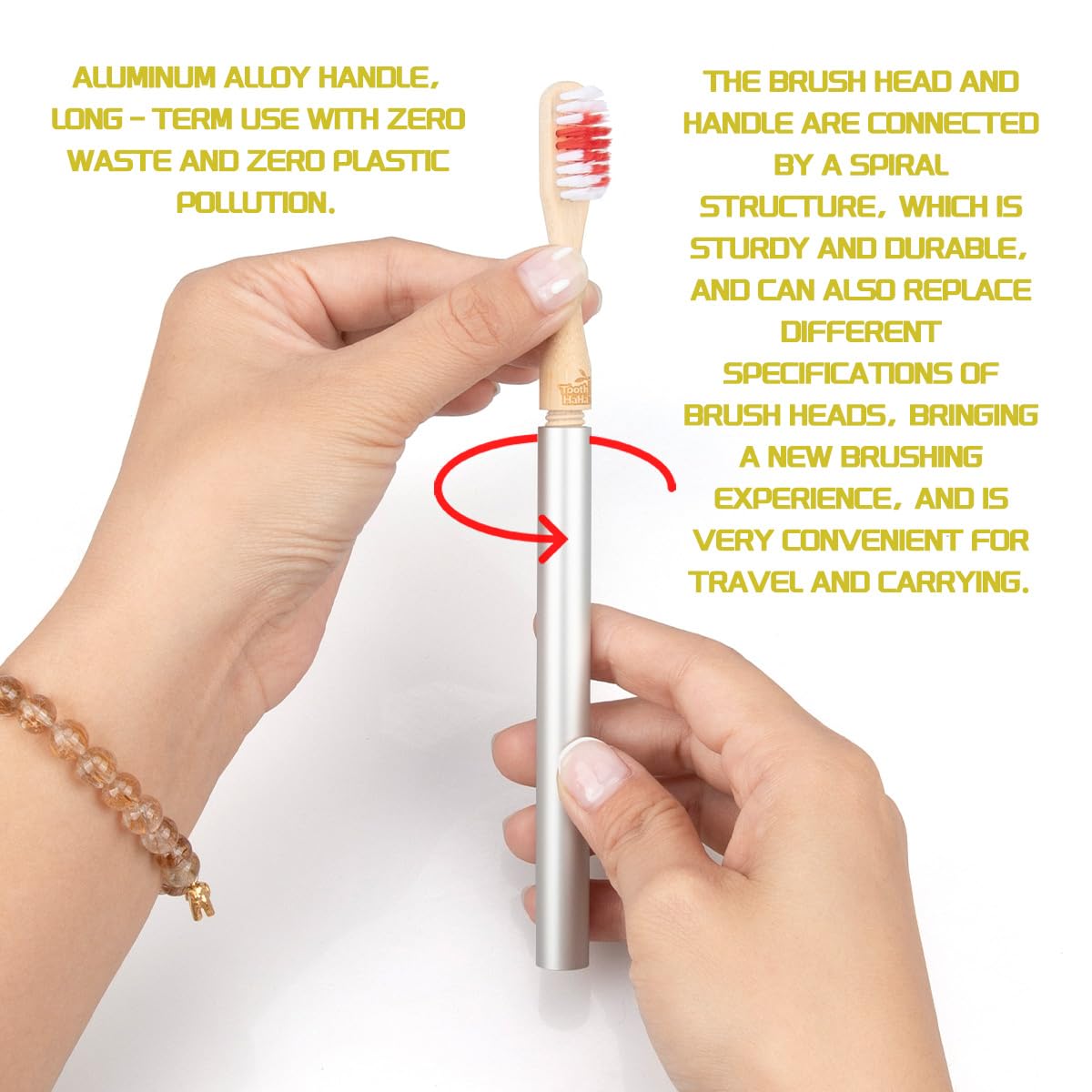 Tooth HaHa Replaceable Brush Head Toothbrush, 2 Aluminum Alloy Handles and 4 Bamboo Brush Heads, BPA-Free, Soft Tapered Bristles, Metal Toothbrush Set, Couple's Gift or Birthday Present