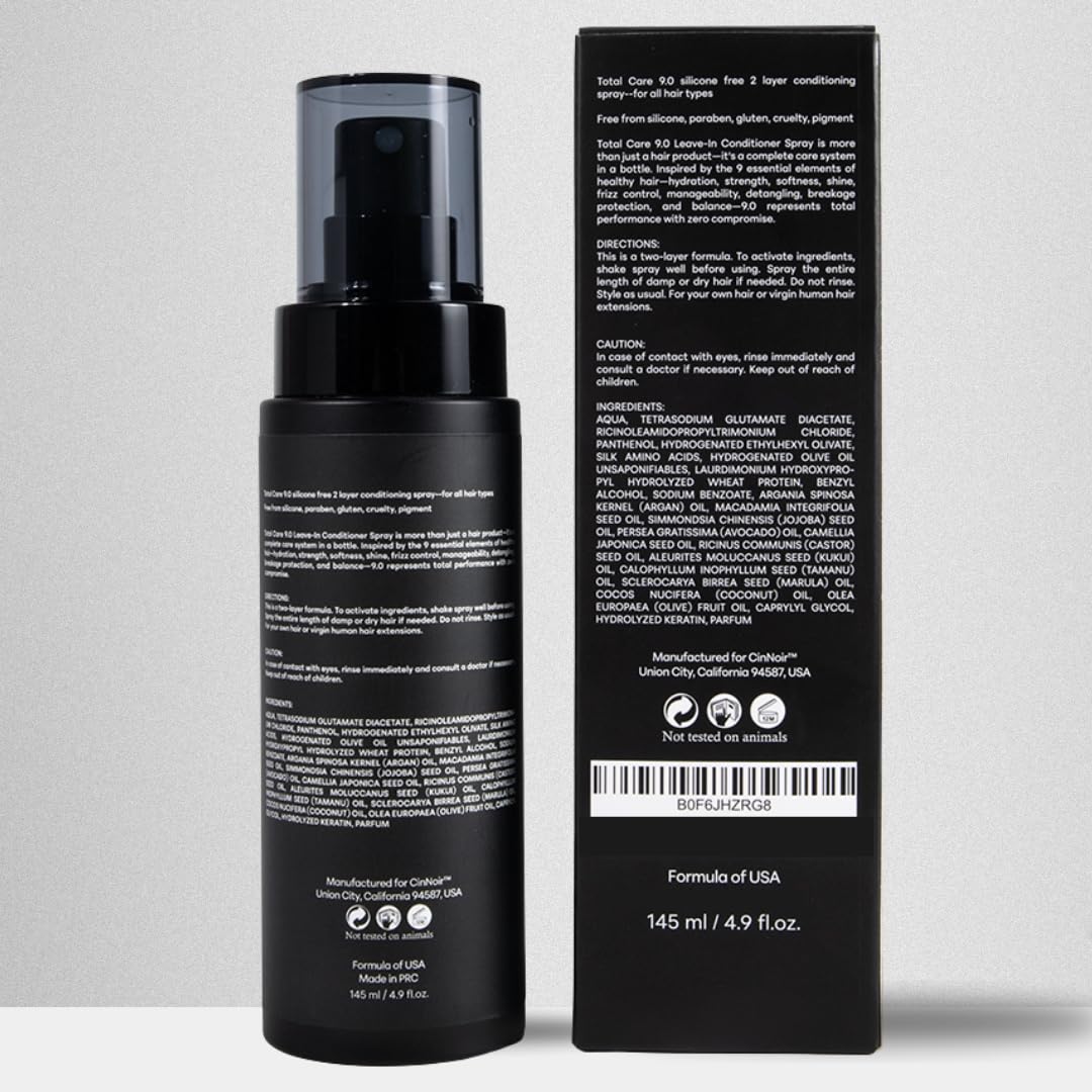CinNoir Total Care 9.0 Leave-In Conditioner Spray, 2 Layer Conditioner, Frizz Control and Detangler, Silicone Free, Conditioner for Dry Damaged Hair, Women & Men, Hair Conditioner for All Hair Types