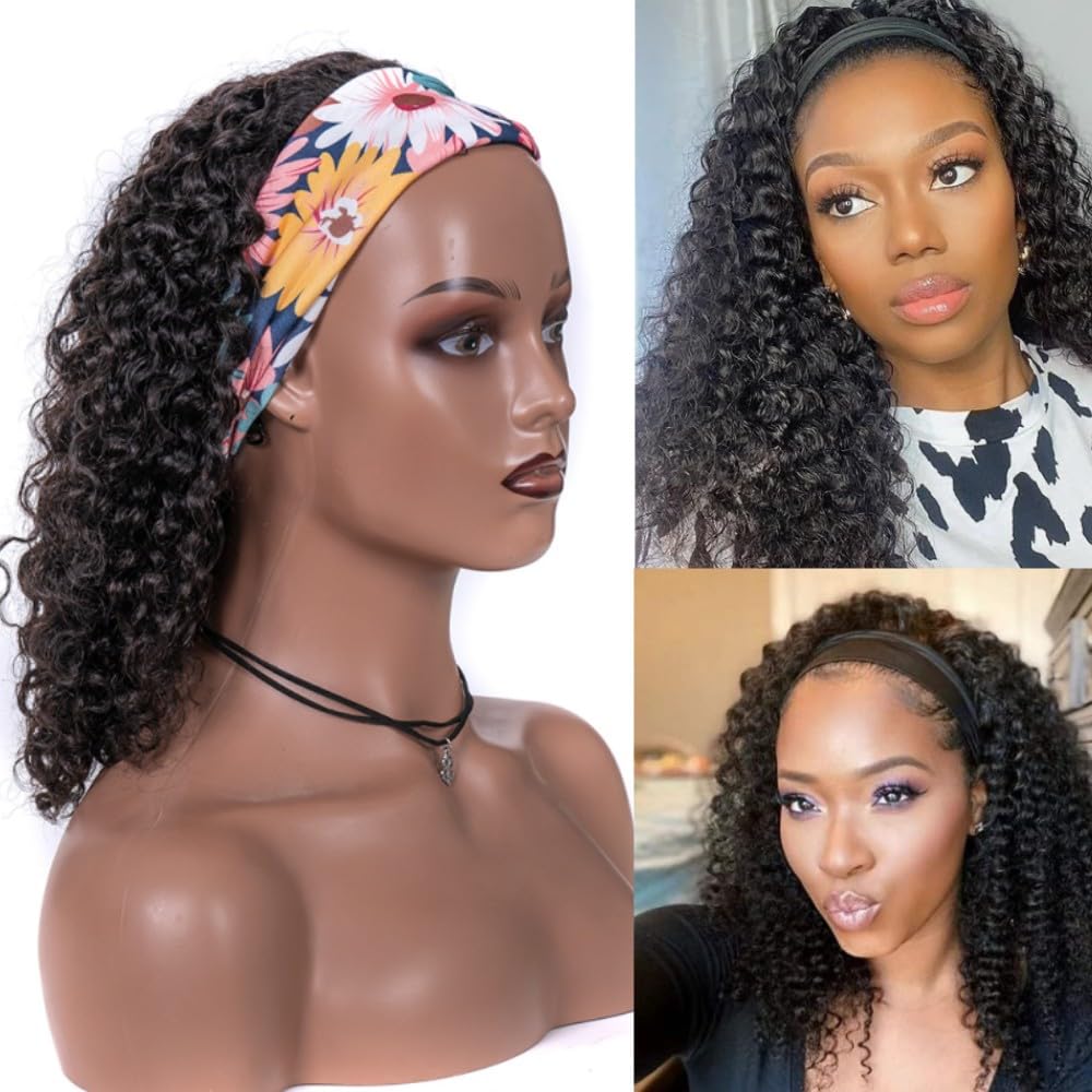YANZIJF 14 Inch Headband Wig Human Hair Jerry Curly Headband Wigs for Black Women Glueless None Lace Front Wig Full Machine Made Curly Wave Headband Wigs Natural Color (curly Headband Wigs)