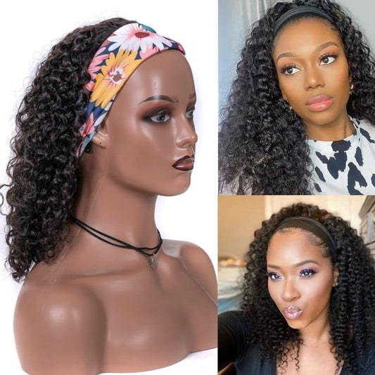 YANZIJF 14 Inch Headband Wig Human Hair Jerry Curly Headband Wigs for Black Women Glueless None Lace Front Wig Full Machine Made Curly Wave Headband Wigs Natural Color (curly Headband Wigs)