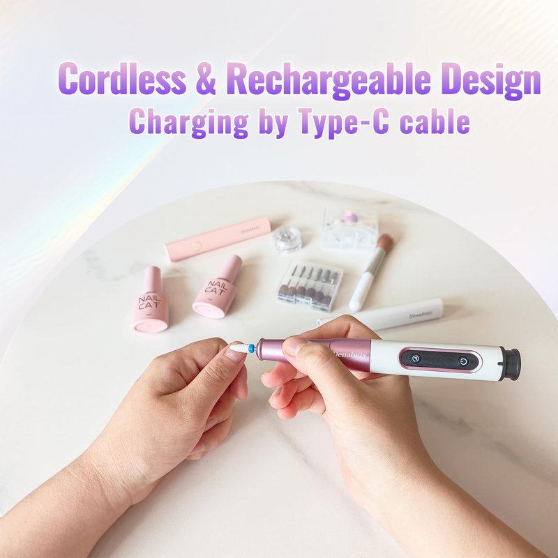 Denabuty Nail Drill Cordless, Electric Nail File 12 in 1 with LED Display, Nail Drill Machine Professional Portable Rechargeable E File for Gel Acrylic Manicure Pedicure Set with 5 Speeds Golden