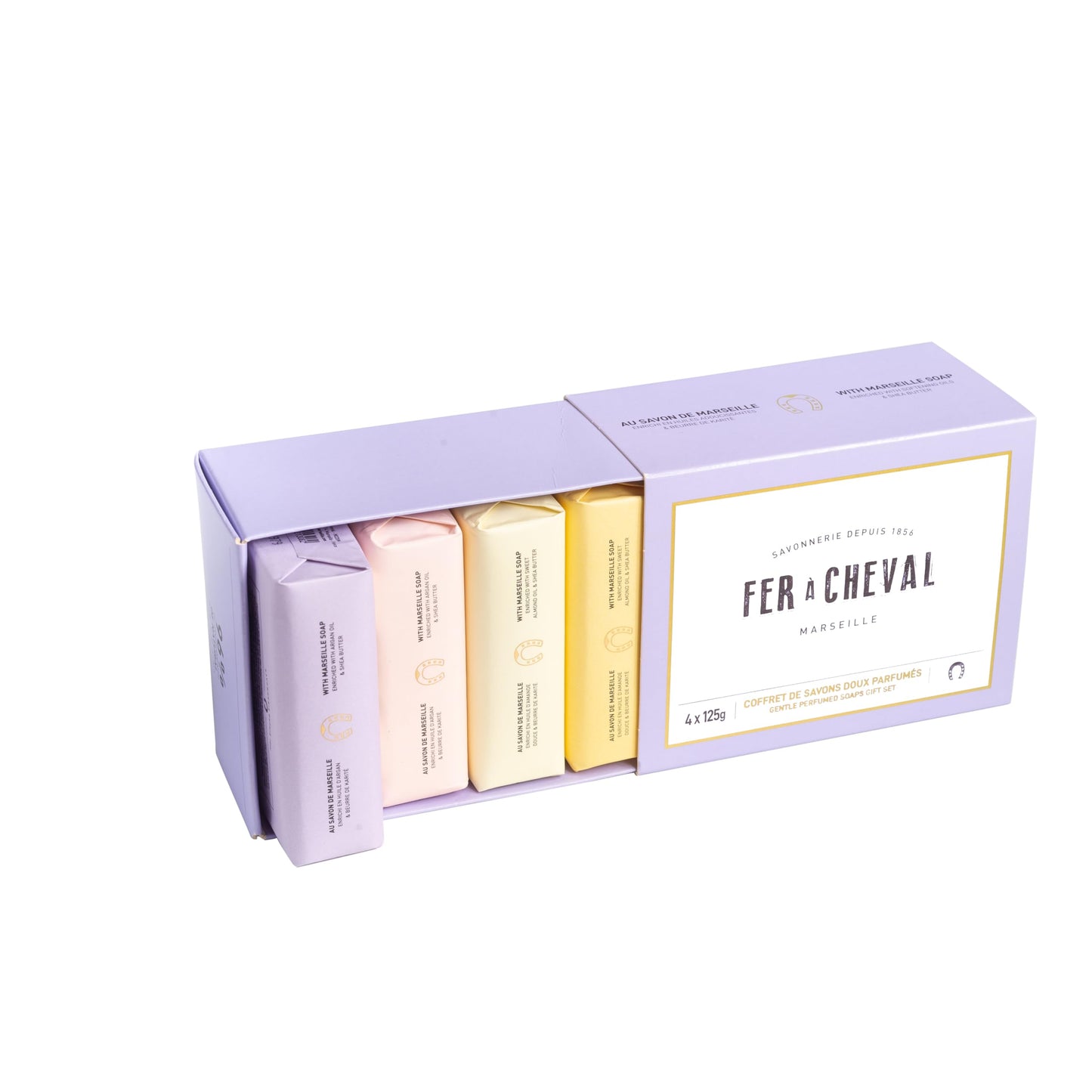 Fer à Cheval Gentle Perfumed Soaps Gift Set, 4x125g/4.41oz - Marseille Vegetable Soap with Shea Butter and Softening Oils
