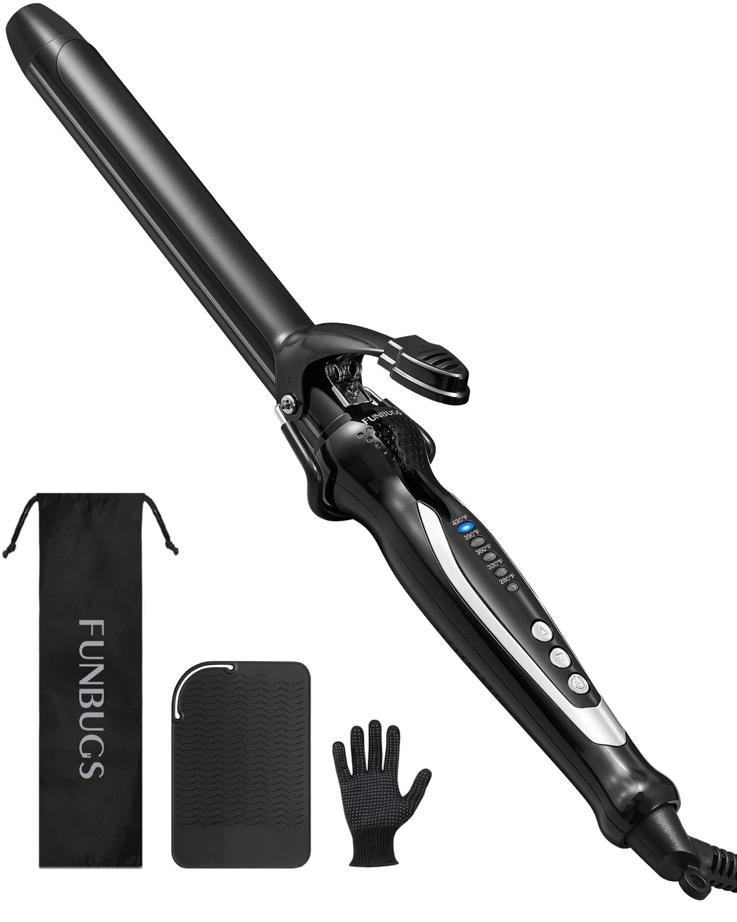 FUNBUGS 1.25'' Double Ceramic Long Barrel Curling Iron - 8'' Extended Wand | 5 Heat Settings | Dual Voltage | Auto Shut-Off | Anti-Slip Styling for Long Hair (Bag, Mat, Glove)