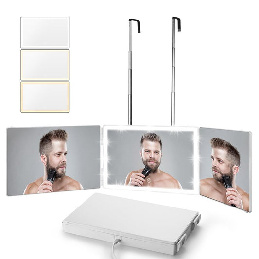 Vanexiss Rechargeable 3 Way Mirror for Hair Cutting, Real Glass Adjustable Trifold Mirror with 3 Color Temps LED Light & Telescoping Hooks for Makeup, Shaving & Styling(White)
