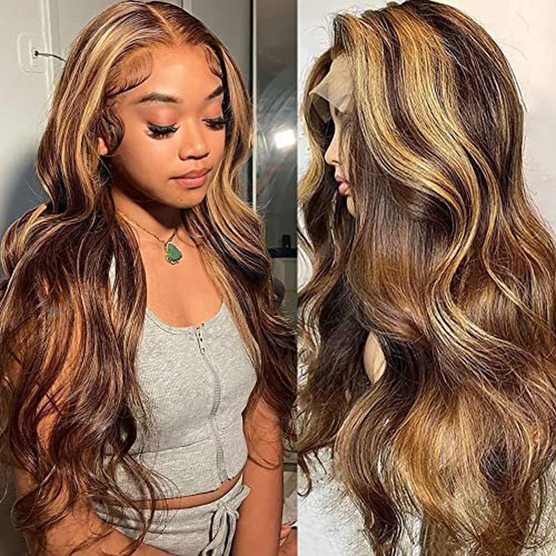 Yllies Honey Blonde Highlight Ombre Middle Part Lace Front Wigs Human Hair T Part HD Transparent Lace Body Wave Wigs 180% Density Brazilian Human Hair 4/27 Colored Glueless Wigs for Women(22 Inch)