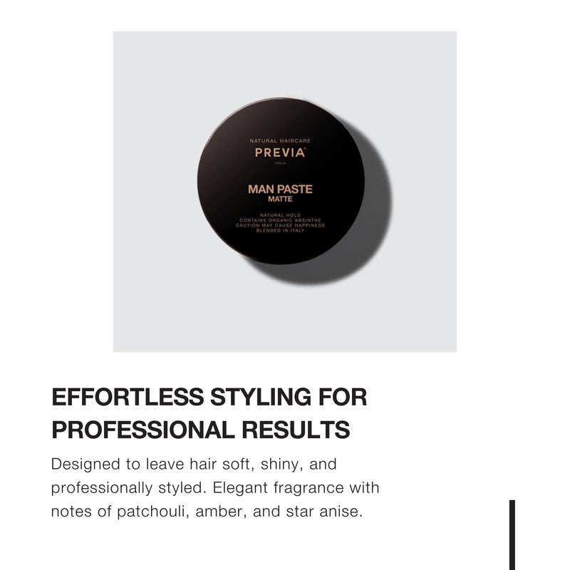 PREVIA Man Paste - Matte Hair Styling Paste for Natural Hold and Texture | Molding Hair Paste for Short or Long Hair | Vegan Gluten-Free Sulfate-Free Hair Styling Solution (3.38 oz)
