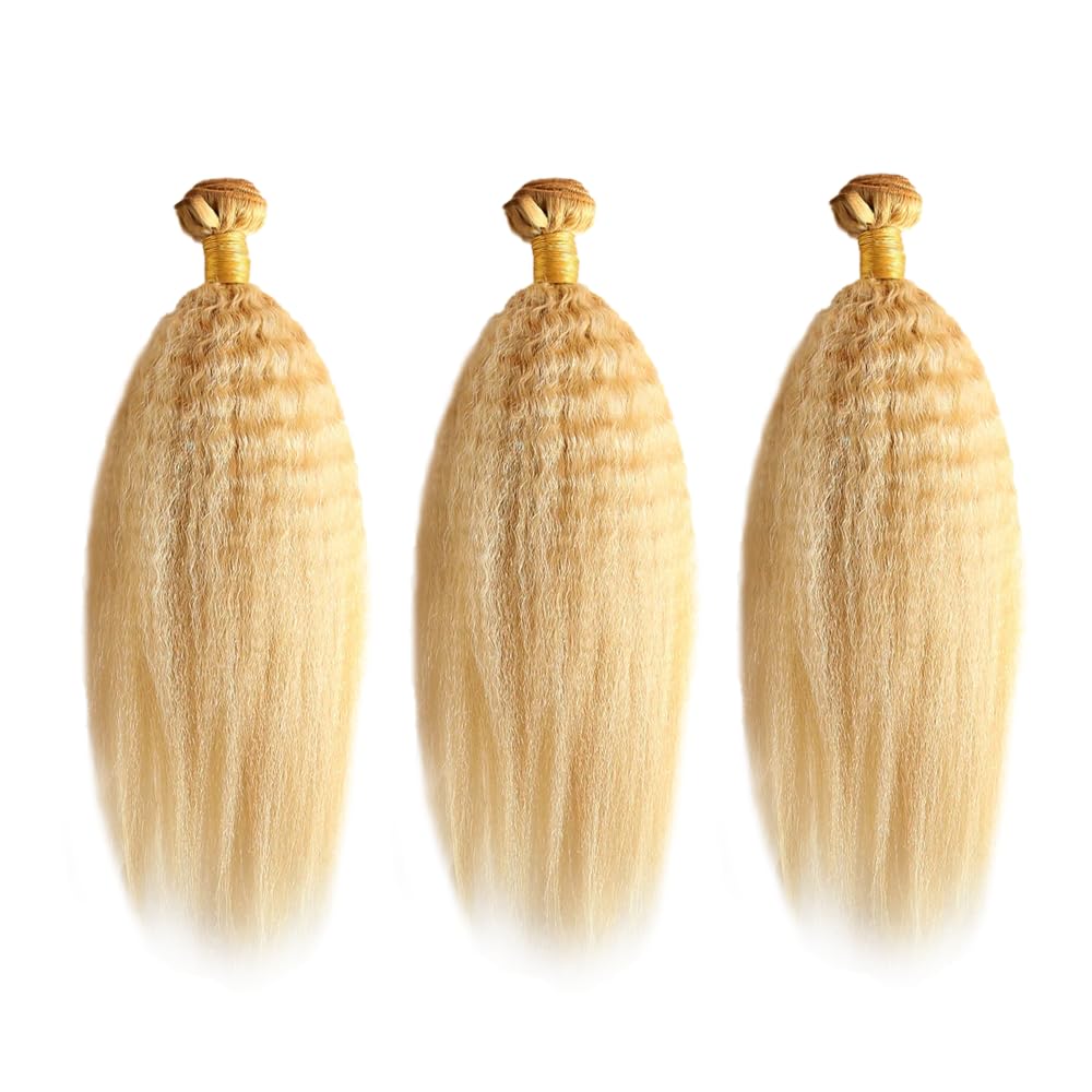 P27/613 Highlight Blonde Bundles Yaki Straight Bundles Human Hair 14 16 18Inch Unprocessed Brazilian Virgin Weave Hairs Honey Blonde 3 Bundle 50 Gram Per Bundle Human Hair Extensions