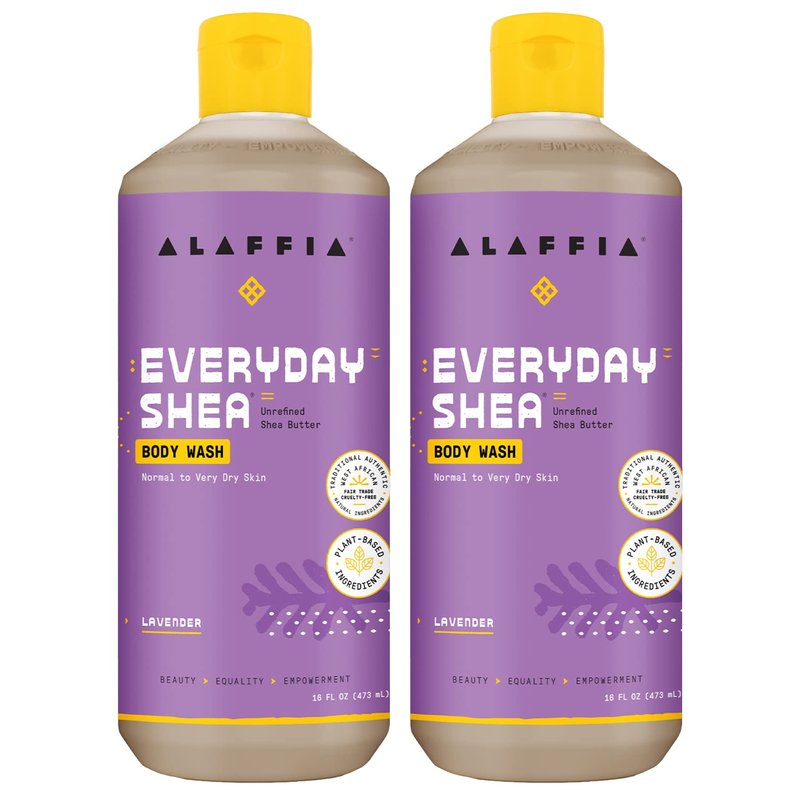 Alaffia Body Wash, EveryDay Shea, Lavender 2-Pack – Gentle Skin Cleanser, Shower Gel for Normal to Very Dry Skin, 16 Oz Ea