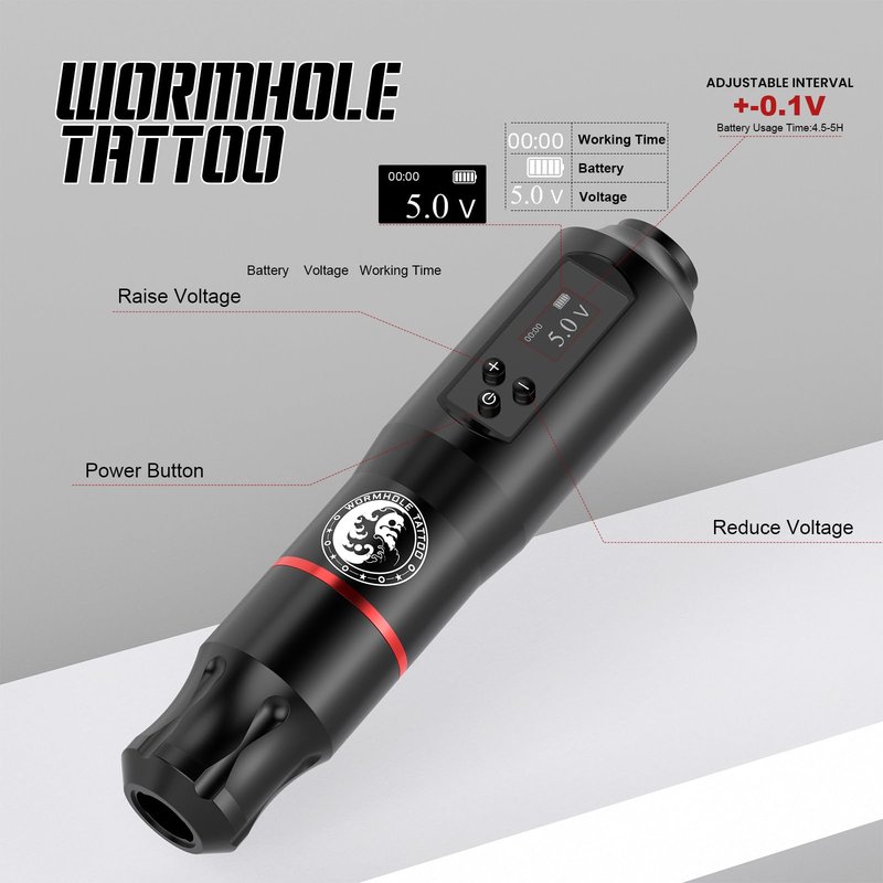Tattoo Gun Kit, Wormhole Tattoo Kit Wireless Tattoo Machine with 1,600 mAh Capacity Wireless Power Supply Digital LED Display Tattoo Pen Kit WTK279