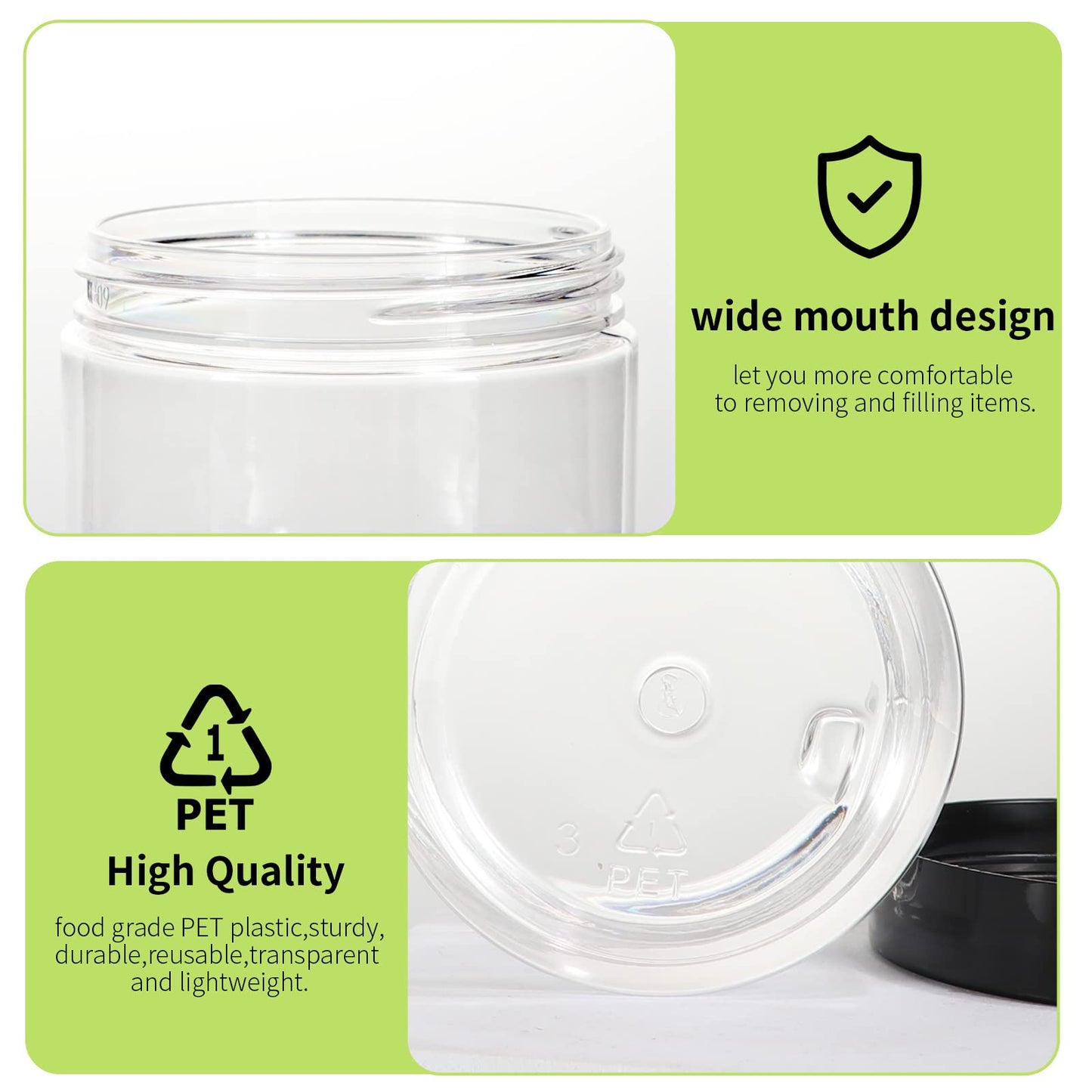 48 Pack 120ml 4 oz Empty Clear Plastic Jars with Black Lids, Refillable Round Containers for Slime,Beauty Products, powder, Cream, Scrubs, Cookie,Dried Fruit. Include 1 Pen and 120 Labels.