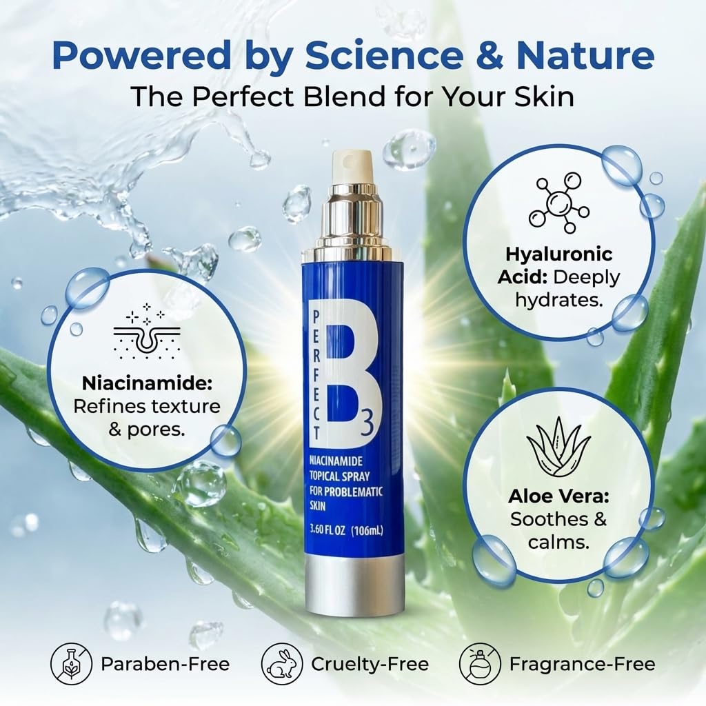 Perfect B3 Niacinamide Spray for Face 6 in 1 - Vitamin B3 Niacinamide Face Mist Skin Care Serum, Hyaluronic Acid, Aloe & Glycerin - Skin Brightening Face Spray - 3.6 Fl Oz