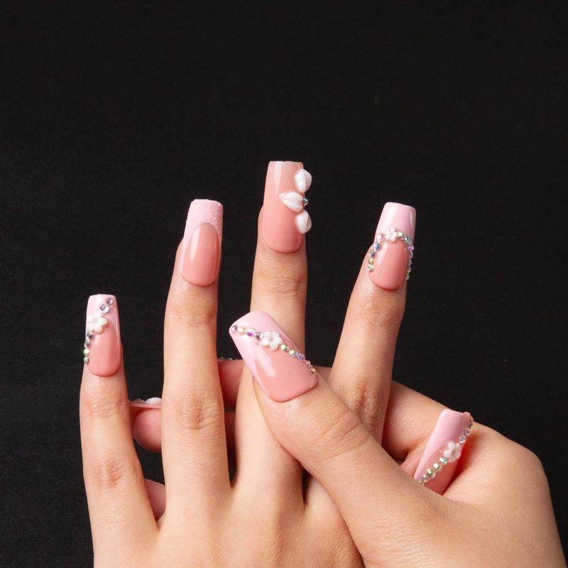 LOVFUL Press on Nails Pink Lady Handmade | Handmade with Full Covered Crystals | Reusable Fake Nails | Square Regular 1.0 in | H281-M