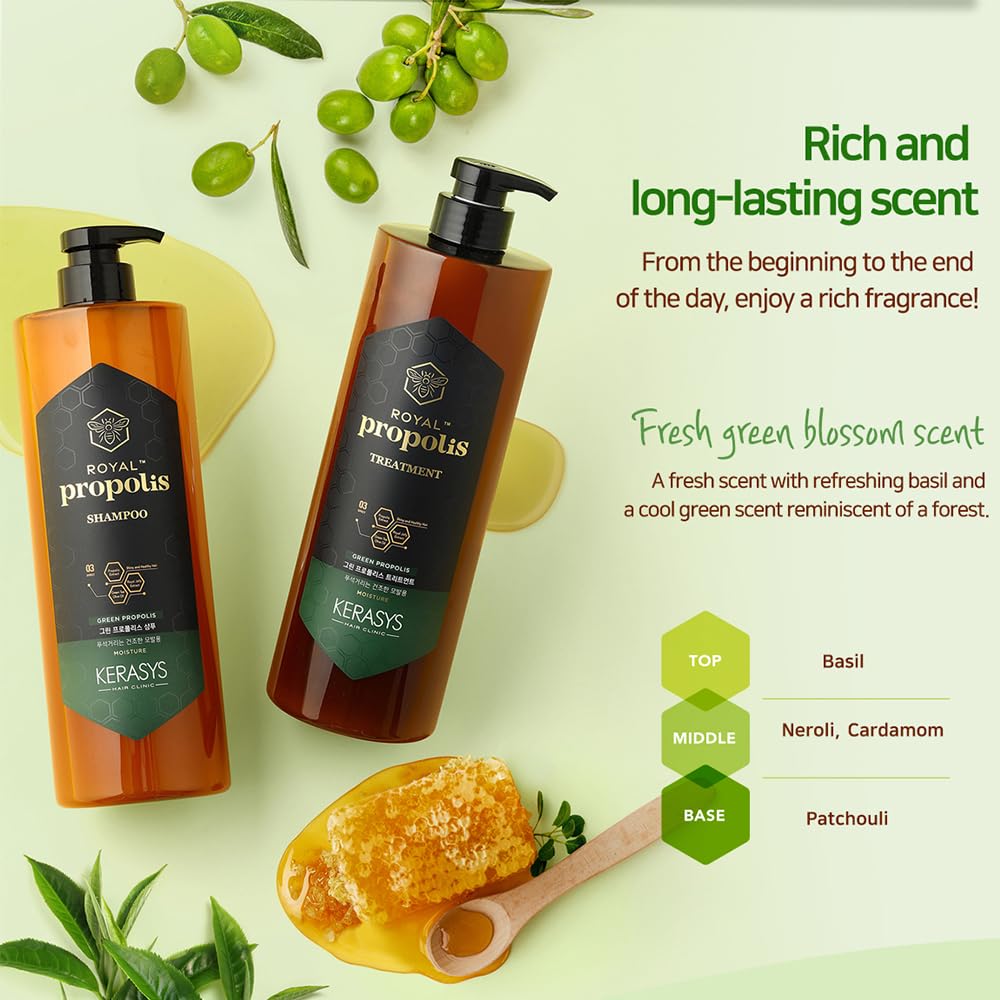 Kerasys Propolis Royal Jelly Extract Green Tea Olive Oil Shiny and Healthy Hair Propolis Green Moisture 33.8 fl oz / 1L (Treatment, 2-Pack)