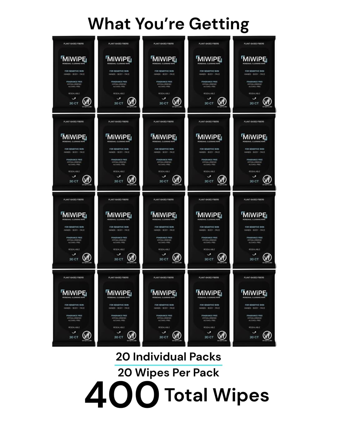 MiWiPE Travel Wet Wipes - Body and Hand Wipes for Sensitive Skin, Fragrance Free, Alcohol free, Hypoallergenic, Resealable Travel Pack, 20 count Packs (Pack of 20) - 400 Total Wipes