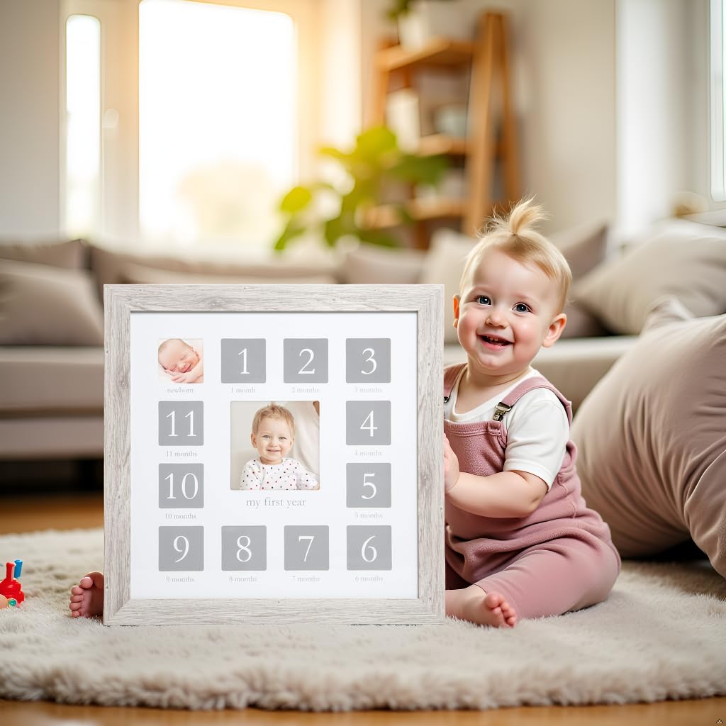 Kate & Milo My First Year Frame, Newborn To First Birthday Photo Frame, Baby Keepsake Nursery Frame, Rustic Wood