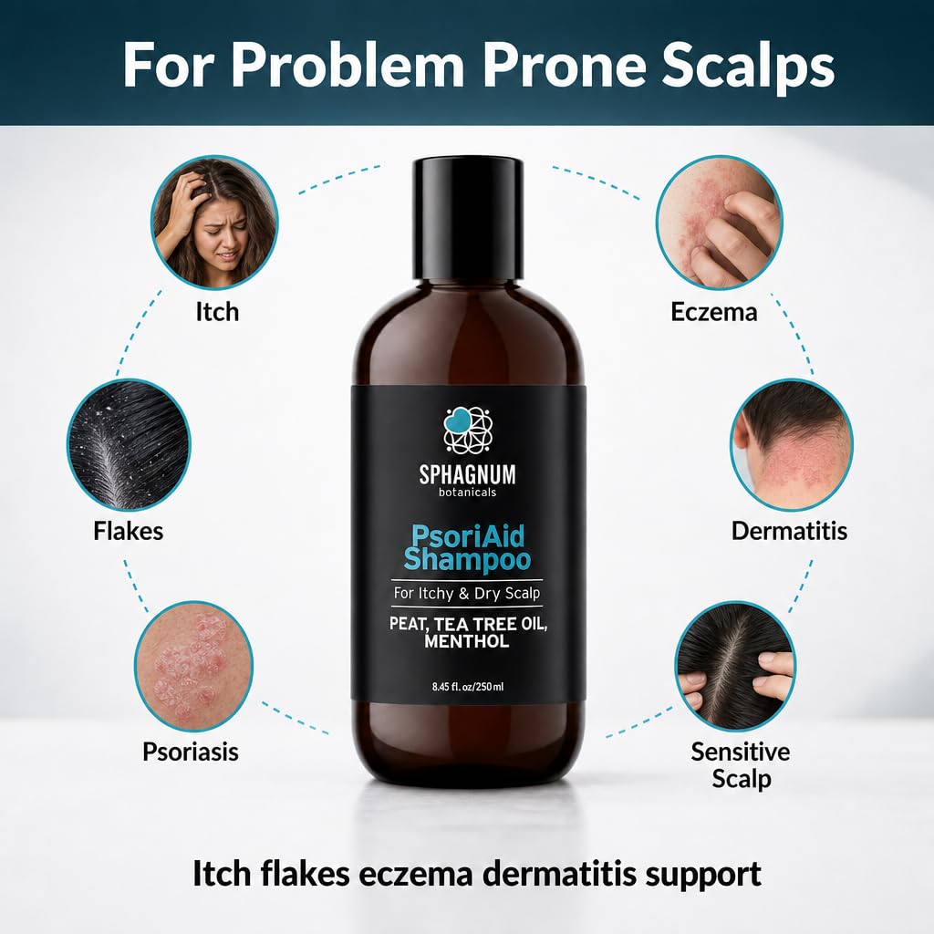 Sphagnum Botanicals Psoriasis Shampoo with Estonian Peat & Tea Tree Oil - Natural Relief for Itchy, Flaky Scalp, Eczema & Dermatitis - Sulfate Free, No Parabens - 8.45 Oz