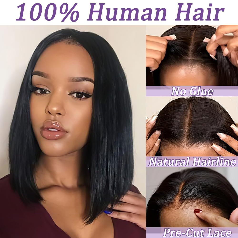 Pinketer Glueless Wigs Human Hair Pre Plucked Pre Cut Wear and Go Straight Bob Wigs 4x4 Lace Closure Wigs 180% Density Short Human Hair Wigs for Black Women (Glueless Wig, 12inch)