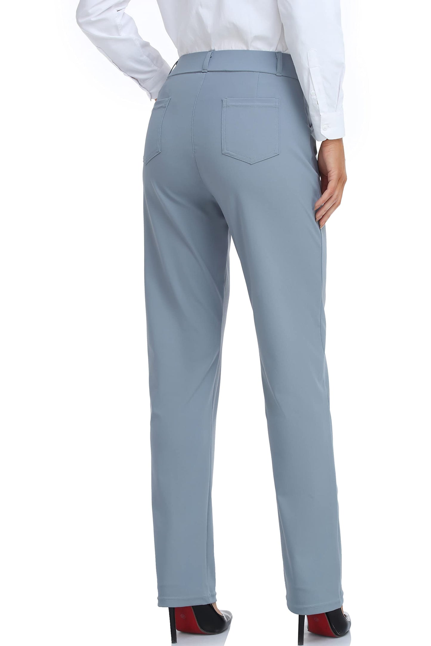 Oalka Women's Dress Pants Straight Leg Yoga Work Stretchy Pant for Office Business Denim Blue Long L